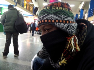 Waiting on a bus at the station in Cusco. Peruvian ninja! Lol 